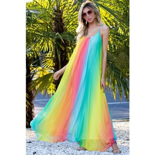 Sexy Graduent Color Chiffon Summer Maxi Beach Dress For Women Swimsuit Cover Ups Beachwear Halter Neck Bohemian Loose Long Dress