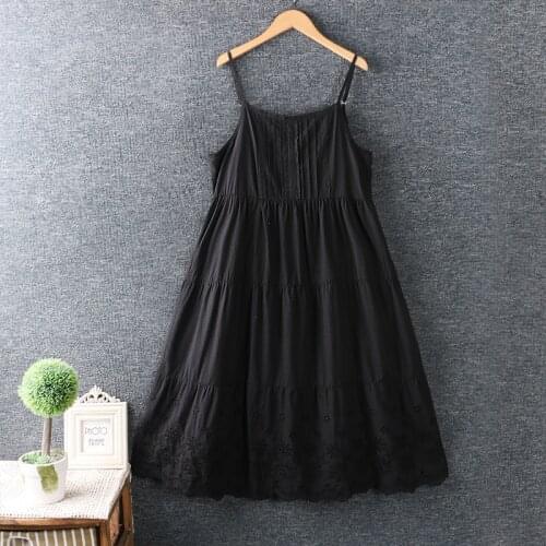 2021 New Spring Summer Women Dress Literary Embroidery Loose Cotton linen Black White Sling Dress