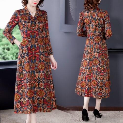 Elegant Vintage Print 5XL Plus Size Suede Maxi Dress Autumn New Women Bodycon Midi Vestidos Winter Casual Long Sleeve Midi Dress
