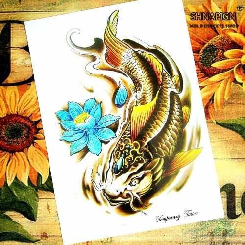 Golden Koi Temporary Tattoo Body Art Flash Tattoo Stickers 12*20cm Waterproof Henna Tatoo Styling Home Decor Wall Sticker