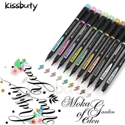 10 Color/Set Soft Brush Metallic Marker Pen 1-7mm Soft Point Drawing Painting Highlighting Calligraphy Lettering School Art Pens