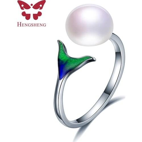 2018 New Arrival 925 Pure Silver Cultured Freshwater Pearl Ring, Fashion Glazed Adjustable Fish Tail Women Ring For Lover