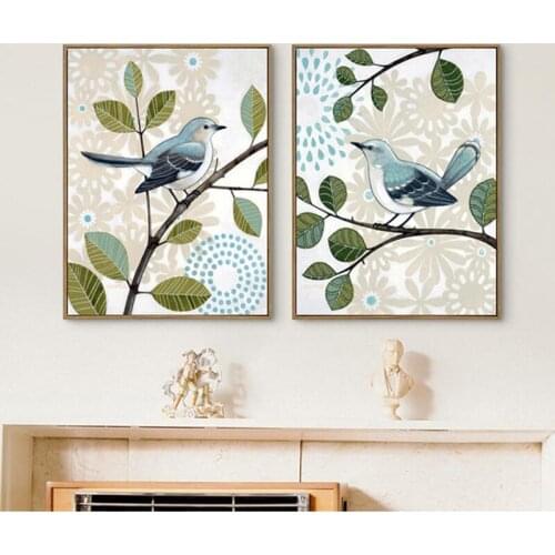 Abstract Flower Green Leaves Lovely Blue Birds Animal Print Canvas Painting Pastoral Poster Wall Art Pictures Bedroom Home Decor