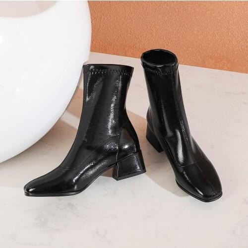 2020 Fashion boots Women Chunky 4cm High Heels Sock Boots Soft Patent leather Thick Heels Ankle Boots botas de mujer 32 33 40 43
