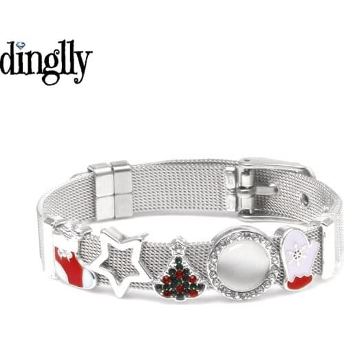 DINGLLY New Christmas Tree Charm Stainless Steel Mesh Bracelets For Women Men Snowman Beaded Girls Boy Kids Child Mesh Bracelet
