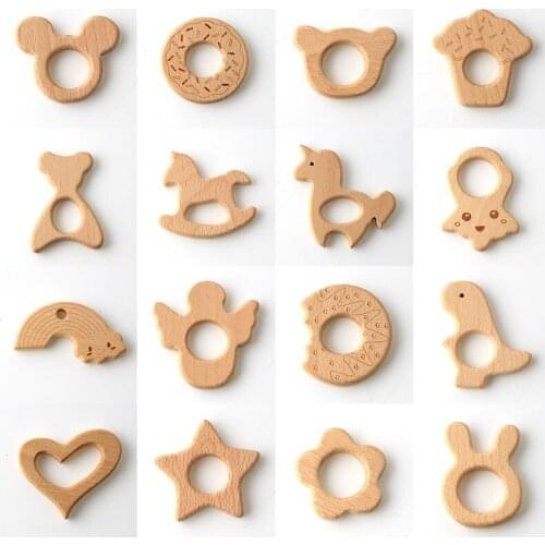 2pcs Natural Beech Wood Mixed Cute Animal Shape Lead-Free Wooden Craft Baby Teething Stick DIY Pacifier Chain Accessories