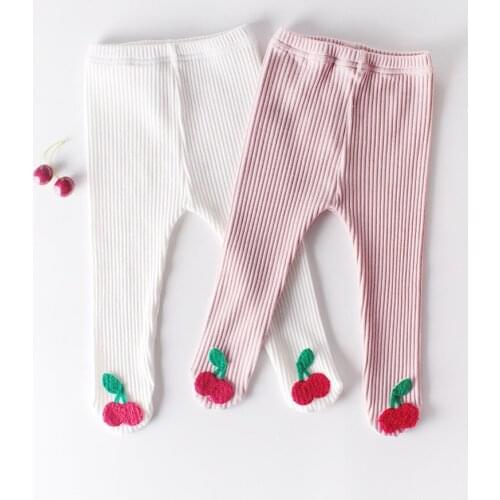 Baby Girl Full Length High Elastic Sweet Style Solid Color Strawberry Print Stripes Casual Leggings Cotton PP Leggings