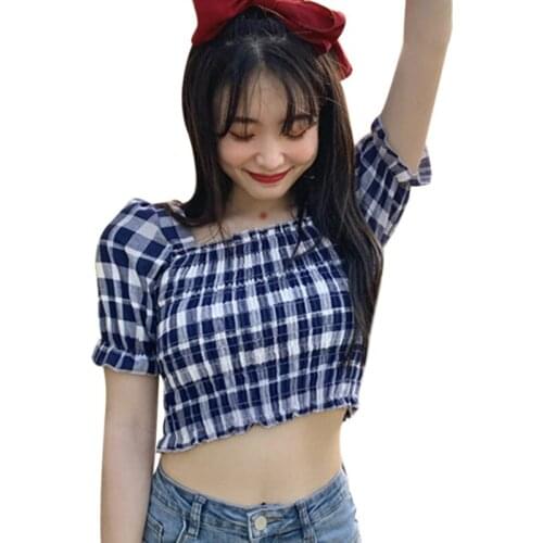 French Retro Court Bubble Sleeves Blouses Umbilical Collar Short-sleeved Summer Plaid Tops