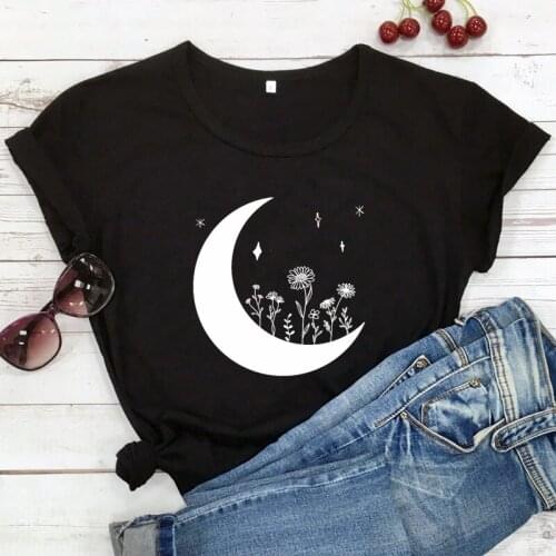 Moon Flowerchild T-shirt Aesthetic Summer Wildflowers Graphic Tee Shirt Top Trendy Women Short Sleeve Tumblr Hippie Tshirt Femme