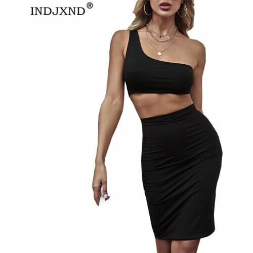 INDJXND Two Piece Set Women Clothing Sexy One Shoulder Crop Top And Skirt Ruched Party Bodycon Outfits Summer Club Streetwear
