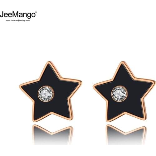 JeeMango Titanium Stainless Steel Black Acrylic Star Party Earrings For Women Rose Gold CZ Crystal Stud Earrings Jewelry JE19251