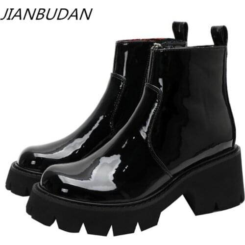 JIANBUDAN Black leather platform boots autumn womens fashion ZIP Ankle boots Patent leather High heel motorcycle boots 35-40
