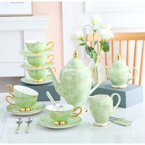 Ceramic Gold Inlay Teapot Marbling Green Drinkware Coffee Cup Europe Ceramic Mug Sugar Bowl Creamer Coffee Tea Mug Coffeeware