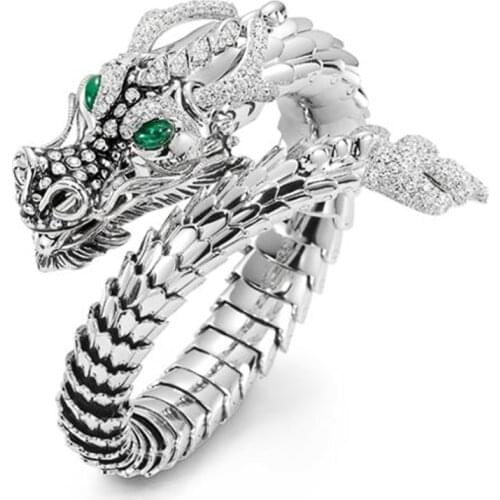 Whole Dragon Open Ring for Men Green Eyes Heroic Spirit Silver Color Dragon Hyperbole Male Rings Punk Style Men Jewelry
