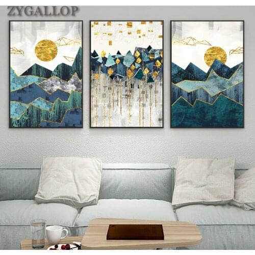 Nordic Wall Art Poster Abstract Geometric Mountain Print Canvas Painting Golden Sun Modular Pictures for Living Room Wall Decor