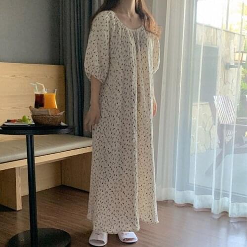 2021 summer new Korean Daisy round neck bubble sleeve nightdress Womens cotton nightgown lady homewear Female sleepwear