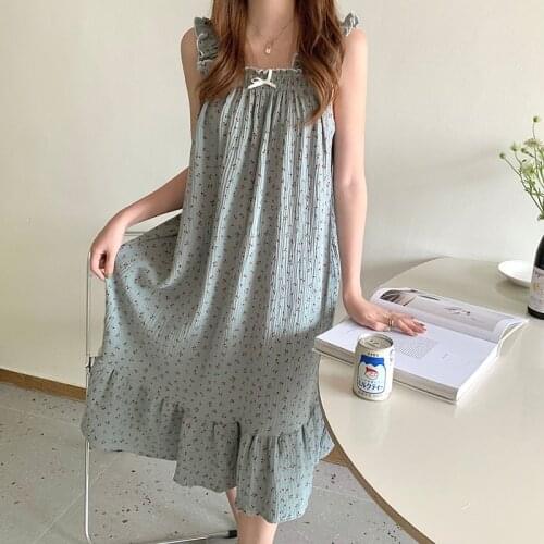 Sleeveless Cherry Print Nightgown Women Ruffles Loose Elastic Sleepwear Sweet Home Clothes Vintage Sweet Homewear Cotton