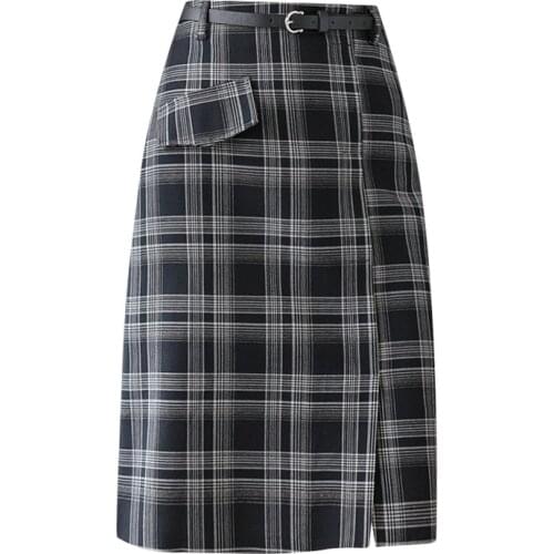 Autumn Winter High Waist Fashion Slimming Long cotton Plaid Warm Skirts Womens Split Sexy Vintage Wrap Gray Skirt Girl School