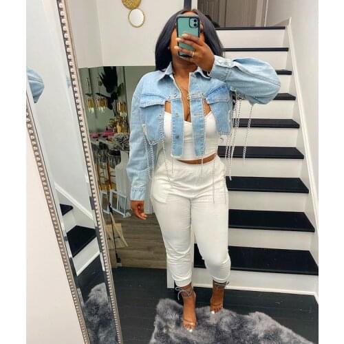 Echoine Sexy Backless Blue Denim Jacket Chain Tassel Denim Short Jacket Autumn Long Sleeve lus Size Ripped Holes Outwear Jeans