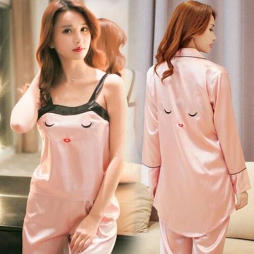 Pink Womens 4 Pieces Pajamas Sets Emulation Silk Striped Pyjama Women Sleepwear Sets Spring Summer Autumn Homewear
