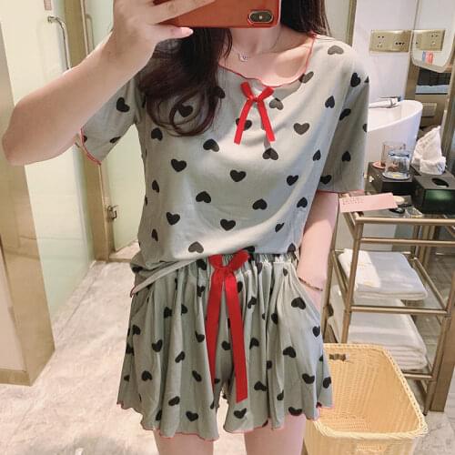 QWEEK Pajamas for Women Korean Style Heart-shaped Print Kawaii Pijamas Loose and Comfortable Thin Pyjamas Loungewear Sleepwear