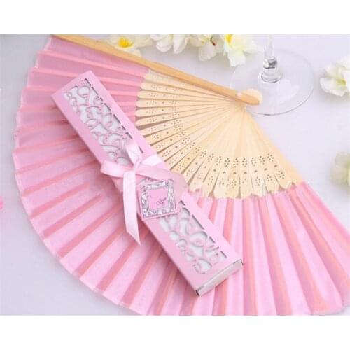 Support printing text for fans with retail elegant gift box folding wedding silk fan personalized wedding favors for guests