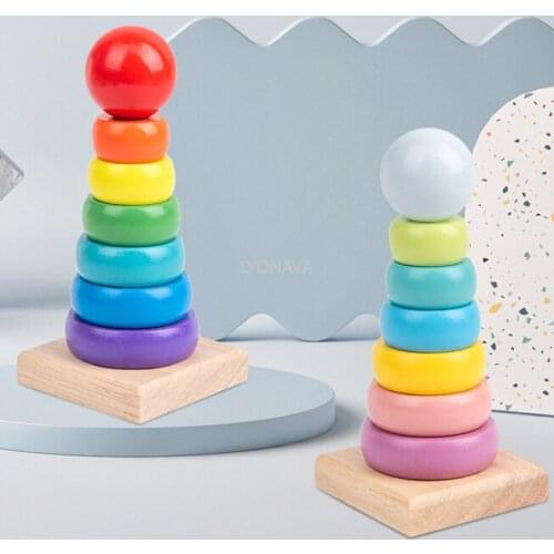 Rainbow tower rainbow set column, overlapping music children early teaching color quantity cognition wooden ring puzzle toy