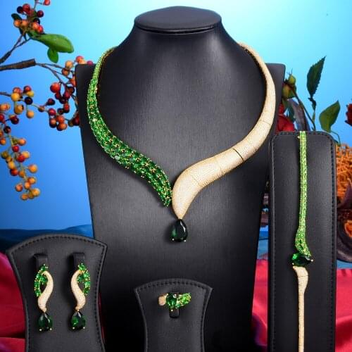 Luxury Emeralds 4PCS Waterdrop Big Necklace Earring Bangle Ring jewelry Sets for women Wedding Indian Bridal Jewelry Sets Gift