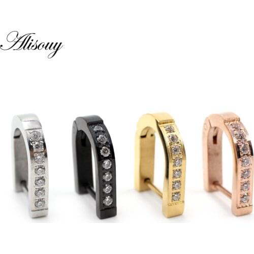 Alisouy 2pcs Black Gold Silver Color U Shape CZ Zircon Crystal Stone Ear Earrings For Women Men Minimalist Small Hoop Earrings