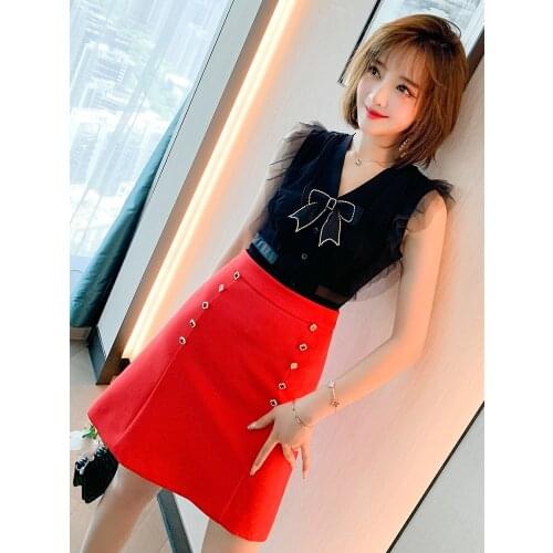 Net yarn feifei bowknot knitting coat sleeve + A - Line new skirt suits summer