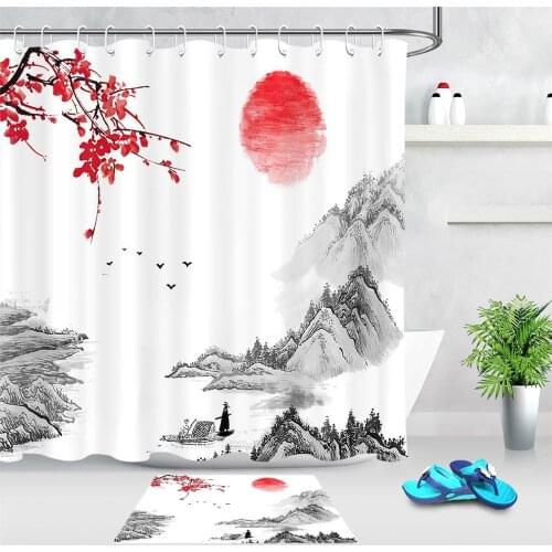 Chinese Landscape Painting Polyester Shower Curtains Waterproof Bathroom Curtain Fabric Bathtubs Screen With Hooks Home Decor
