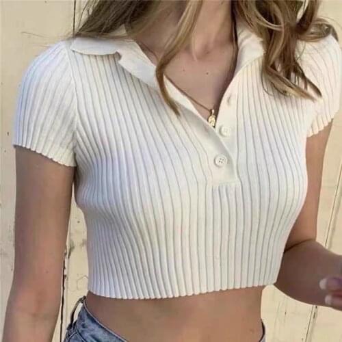 Vintage High Waist Short Sleeve Basic T-shirt 2021 Streetwear Knitted Tshirt Female White Tee Crop Top for Women Clothing chic