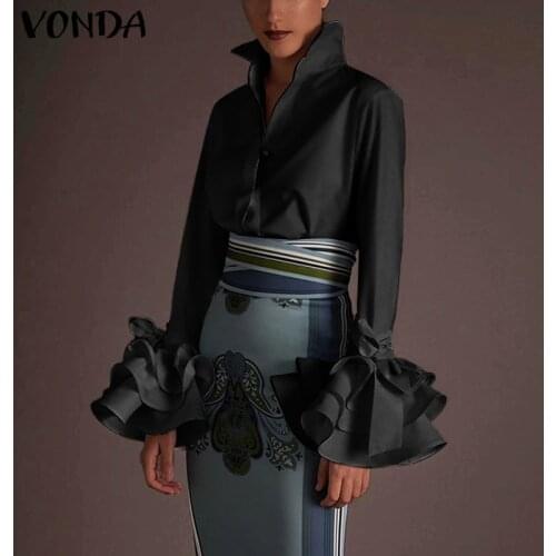 Stylish Shirt Women Tunic VONDA 2021 Spring Summer Tops Turn-down Collar Flare Sleeve Office Shirts Casual Solid Blusa Oversized