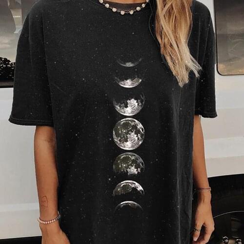 Vintage Sun And Moon Printed Pattern Casual Tshirt Women Short Sleeve O Neck Harajuku Long Tops Oversized Tee Femme Camisetas 2