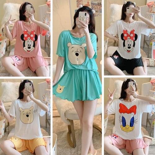 Disney Cartoon Mickey Women Pajama Sets Cotton Pijama Sleepwear Lady Tops Ruffle Shorts Nightwear Femme 2 Pieces Sets Summer