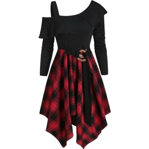 Spring Autumn Fashion Women Plaid Check Patchwork Irregular Dress Female Loose Casual Oversized Elegant Skirt Ladies Plus Size