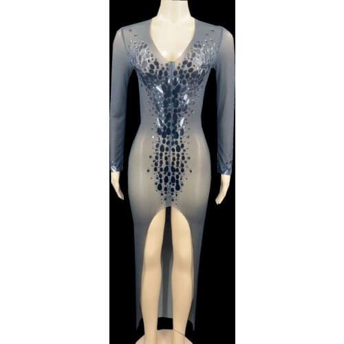 Sexy Black Mesh Transparent Sequins Dress Women Nightclub Party See Through High Slit Sheath Dress Latin Dance Stage Costumes