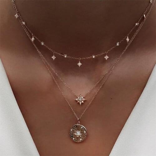 Women Crystal Star Necklace Vintage Gold Multiple Layers Pendant Long Necklaces Collares 2020 Boho Jewelry
