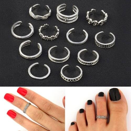 12pcs Carved Hollow Multielement Foot Rings Tendy Retro Knuckle Couple Print Adjustable Sliver Ring Set Women Men Finger Jewelry