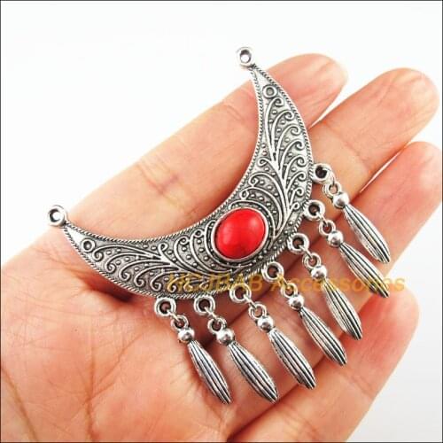 3 New Moon Charms Tibetan Silver Red Waterdrop Tassels Pendants Retro 52x60mm