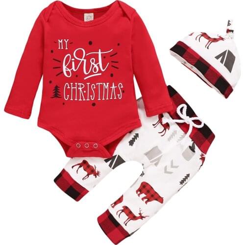 Infant Newborn Baby Girl Boy 3 Pcs Christmas Outfits Suits, Long Sleeve Letter Printed Romper Top + Long Pant + Beanies Hat