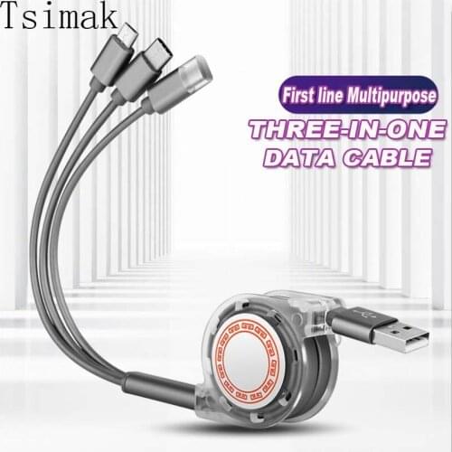 3 in 1 Retractable Type C Micro USB Cable for iPhone 12 11 Xiaomi Poco X3 F3 Samsung Huawei Mobile Phone Charger Data Cable Cord