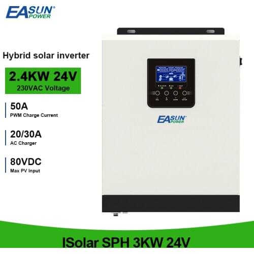 3000W Solar Inverter 2400W Hybrid 24V PV Input 80VDC 220VAC Output Pure Sine Wave Build In 50A PWM Solar Charger Controller