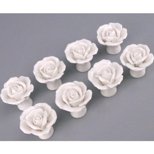 8PCS Ceramic Roses Flower Shape Door Knobs Cabinets Handle Color White Cupboard Drawer Pull Handle