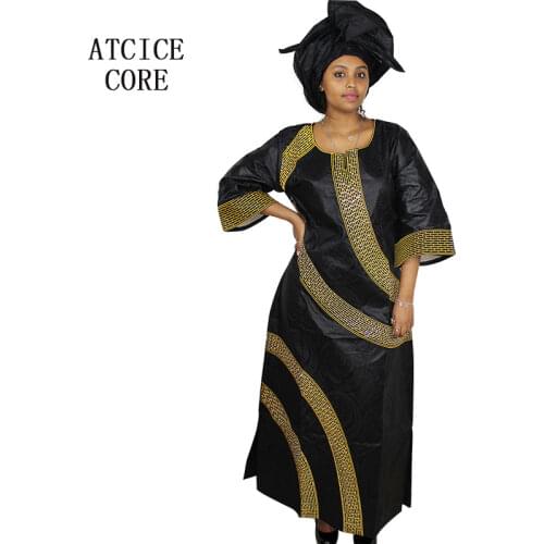 African dresses for women fashion design new african bazin embroidery design dress long dress with scarf two pcs one set A175