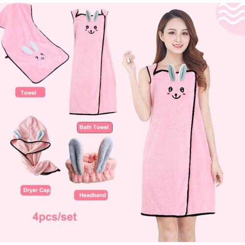 80X140cm 4pcs/set Rabbit Bath Towel Sling Bath Skirt Quick-drying Cartoon Suit Bathrobe+Hair Dryer Cap+Towel+Hairband Spa Towels