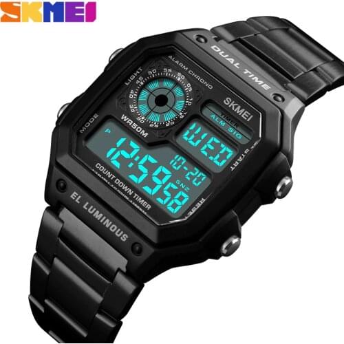 Mens Watches Top Brand Luxury Digital Watch Men Stainless Steel Strap 2 Time Zone Date Alarm Countdown Waterproof Wrist Watches