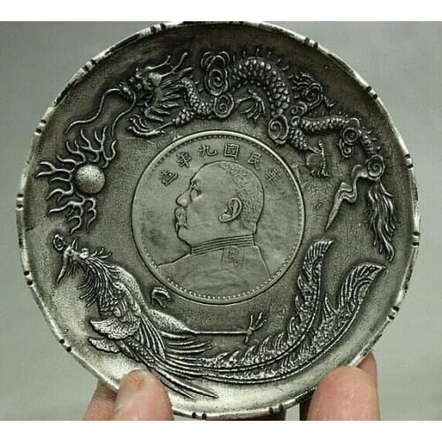 Decoration Tibet copper silver Collect Old Chinese Fengshui Miao Silver 2 Dragon Play globe Statue Dish Plate