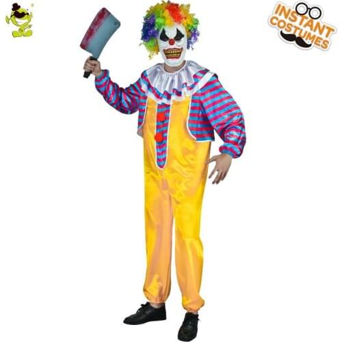 Halloween Party Mens Horror Clown Costume Adult Cosplay Clothing with Wig Clown Jumpsuit Outfits for Purim Party Fancy Dress Up