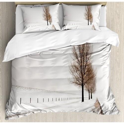 Farm House Decor Duvet Cover Set Row of Large and Bare Beech Trees in Snow Covered Winter Frozen Photo 4 Piece Bedding Set